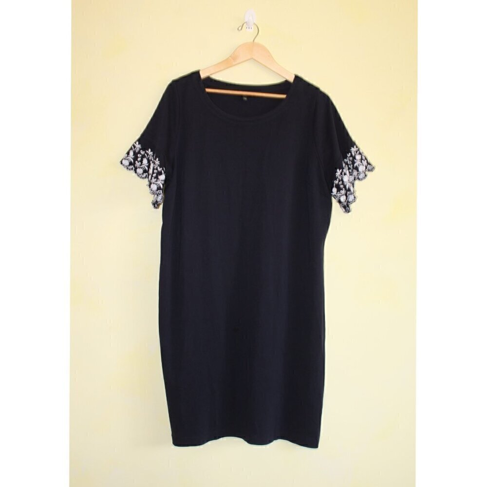 Talbots Navy Blue Embroidered Sleeve Shift Mini Dress Size 2XP Pullover Cotton - Picture 7 of 11